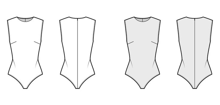 Sleeveless bodysuit technical fashion illustration with round neck, close fit, snap fastenings at base. Flat one-piece