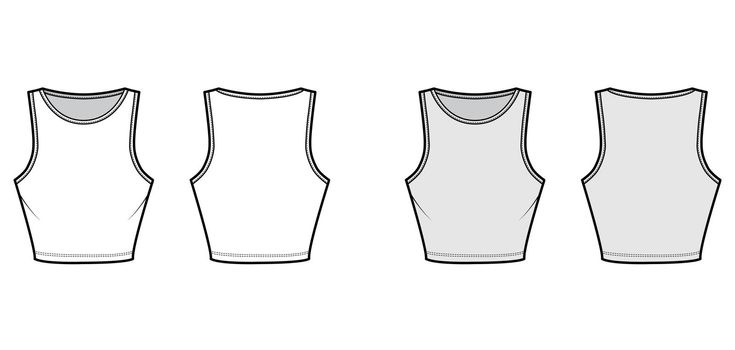 Cropped cotton-jersey tank technical fashion illustration with slim fit, waist length, crew neckline. Flat outwear basic apparel template front, back, white, grey color. Women men unisex shirt top CAD