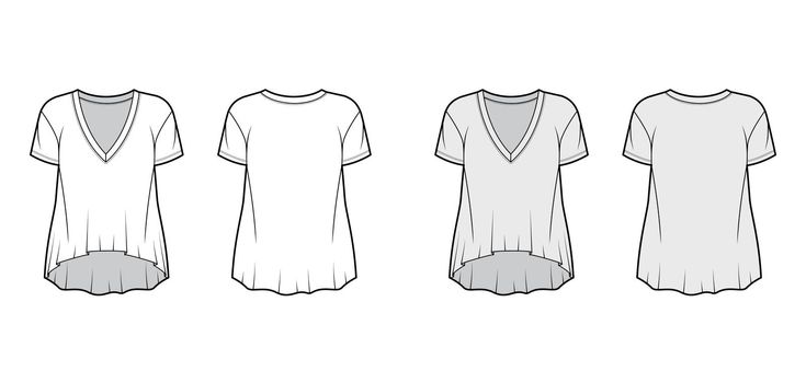 Boyfriend cotton-jersey T-shirt technical fashion illustration with plunging V-neckline, short sleeves, high-low hem