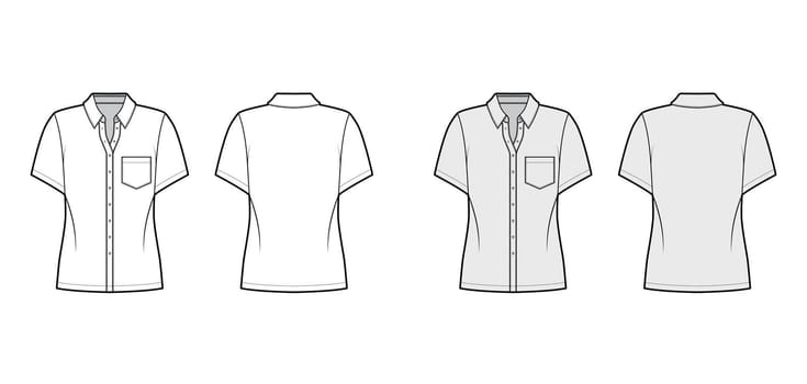 Shirt technical fashion illustration with angled pocket, short sleeves, relax fit, front button-fastening regular collar