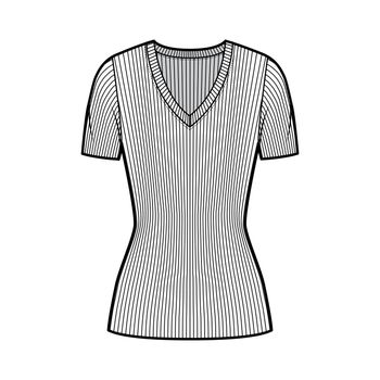 Ribbed V-neck knit sweater technical fashion illustration with short rib sleeves, close-fitting shape, tunic length