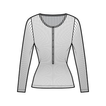 Ribbed cotton-jersey top technical fashion illustration with long sleeves, slim fit, scoop henley neckline. Flat shirt