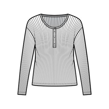 Ribbed classic men's styles cotton-jersey top technical fashion illustration with long sleeves, scoop henley neckline