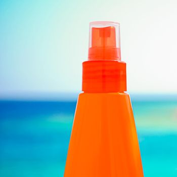 Suntan lotion, spf protection and skin care, sun tan bottle on the beach, beauty and skincare cosmetics product