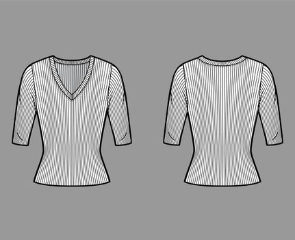 Ribbed V-neck knit sweater technical fashion illustration with elbow sleeves, close-fitting shape.