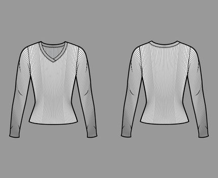 Ribbed V-neck knit sweater technical fashion illustration with long sleeves, close-fitting shape.