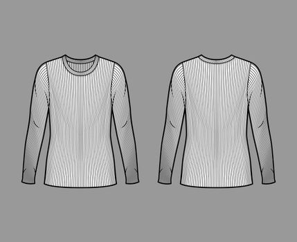 Ribbed crew neck knit sweater technical fashion illustration with long sleeves, oversized body, tunic length.