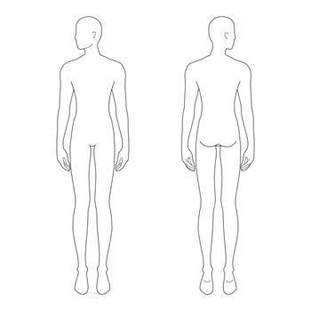 Fashion template of standing men. 9 head size for technical drawing with and without main lines. Gentlemen figure front and back view. Vector outline boy for fashion sketching and illustration.