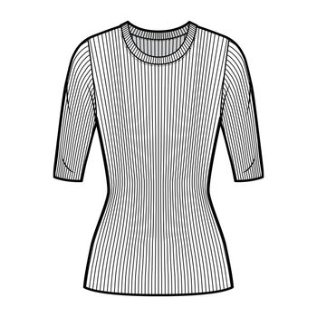 Ribbed crew neck knit sweater technical fashion illustration with elbow sleeves, close-fitting shape, tunic length.
