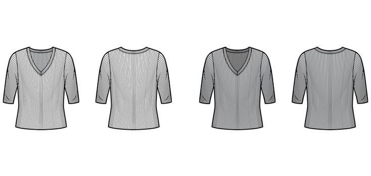 Ribbed V-neck knit sweater technical fashion illustration with elbow sleeves, oversized body.