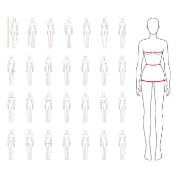 Women to do body measurement fashion Illustration for size chart 29 piece set. 7.5 head size girl for site or online shop. Human body infographic template for clothes.