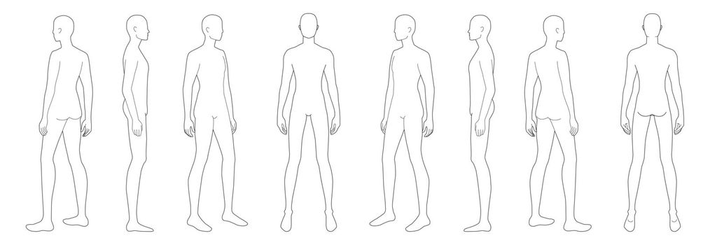 Fashion template of standing men. 9 head size for technical drawing. Gentlemen figure front, side, 3-4 and back view. Vector outline boy for fashion sketching and illustration.