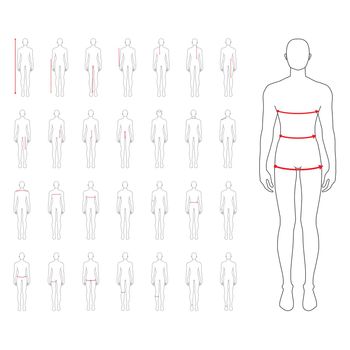 Men to do body measurement fashion Illustration for size chart 29 piece set. 7.5 head size boy for site or online shop. Human body infographic template for clothes.