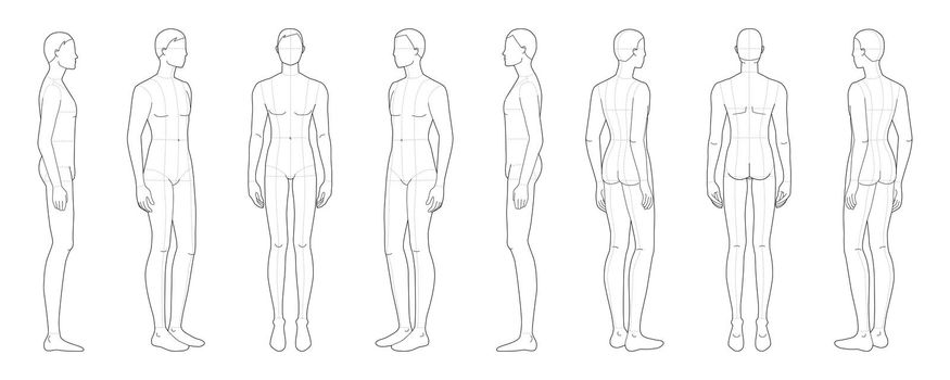 Fashion template of standing men in 8 point of view. 9 head size for technical drawing with main lines. Gentlemen figure front, side, 3-4 and back. Vector boy for fashion sketching and illustration.