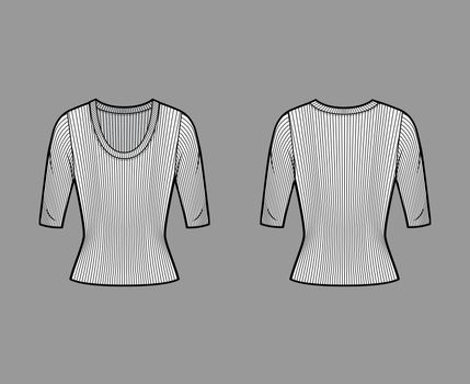 Ribbed scoop neck knit sweater technical fashion illustration with elbow sleeves, close-fitting shape.
