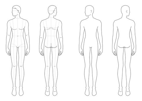 Fashion template of standing men. 9 head size for technical drawing with and without main lines. Gentlemen figure front and back view. Vector outline boy for fashion sketching and illustration.