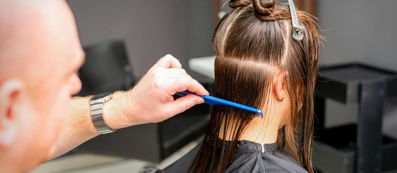 Hairdresser combing female wet hair