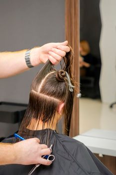 Male hairdresser splits long hair