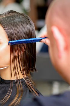 Hairdresser cuts wet hair of woman