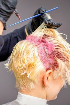 Hairdresser's hands applying pink dye