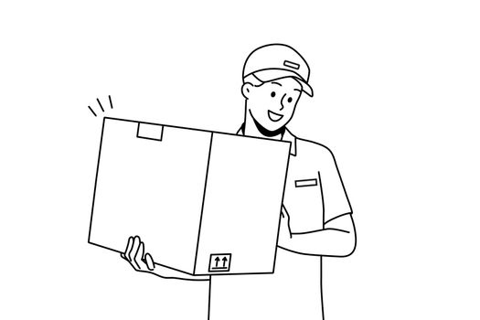 Smiling deliveryman with box in hands