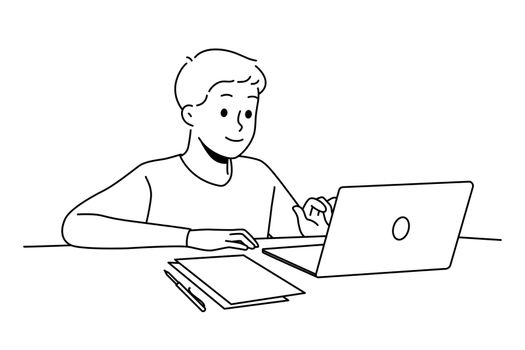 Happy boy study online on laptop
