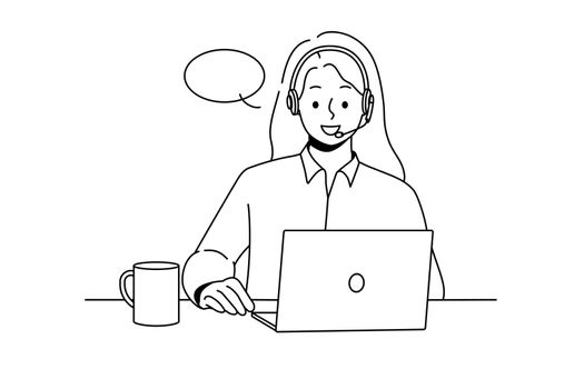 Smiling woman in headset talk on laptop