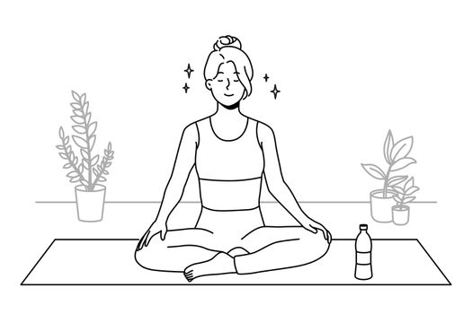Calm young woman in sportswear sitting on mat practicing yoga at home. Smiling relaxed girl meditating indoors. Meditation and stress relief. Vector illustration.