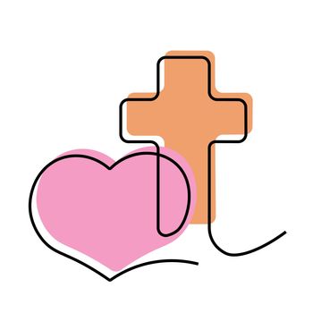 Christian icon Cross and heart in linear in color