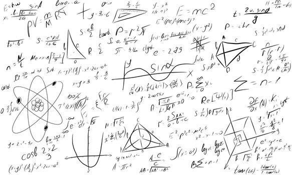 Math chalkboard illustration. Physics solving equation blackboard. Sketch with geometrical class problem solution or algebra formula. Higher mathematics Intelligence or complex calculation mess