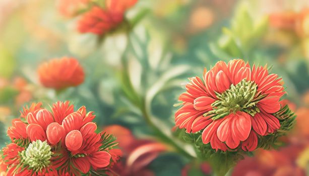 Digital art background fresh floral with Chrysanthemum flowers in red and orange, vibrant foliage