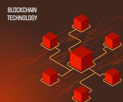 Blockchain background. Isometric digital blocks connected circuits forming a crypto chain.