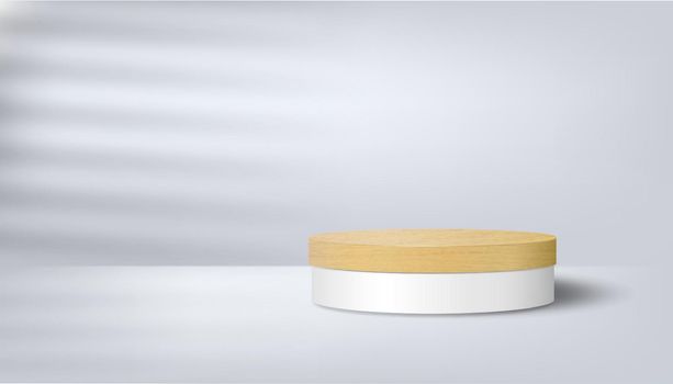 Abstract minimalistic stage with a wooden podium on a white background with shadows. product presentation, layout, demonstration of cosmetic products, stage pedestal or platform. 3d vector.