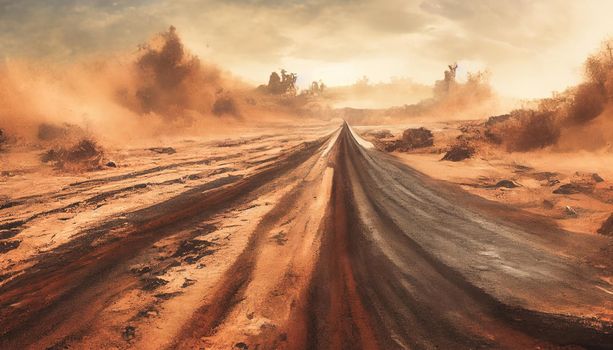 Dust sand cloud on a dusty road. Scattering trail on track from fast movement. Digital illustration