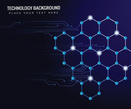geometric hexagon connecting lines and dots blue background with circuit board