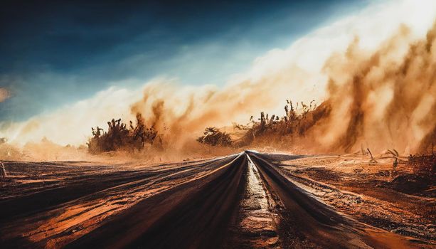 Dust sand cloud on a dusty road. Scattering trail on track from fast movement. Digital illustration