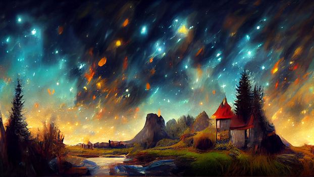 Beautiful starry night with colorful sky and a dreamy landscape.