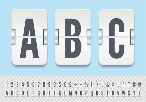 White airport flip board mechanical alphabet with numbers for destination information. Terminal scoreboard font to display flight departure or arrival info vector illustration