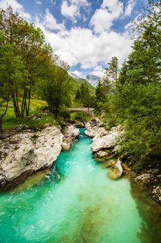 Emerald Soca River in Soca Valley, Slovenia, Europe.