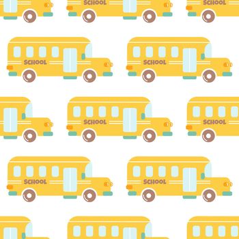 Yellow school bus, vector seamless pattern on white background. Back to school