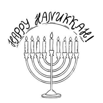 Hand drawn illustration of hannukah menorah with happy hannukah greeting . Burning candles simple minimalist outline, judaism jew israeli design, religious religion hebrew print.