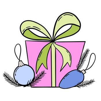 Hand drawn illustration of present gift box for christmas, brithday, valentine day holidays. Sale packages with bown ribbon, festive greeting event celebration shopping