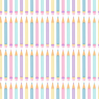 Multicolored pencils with an eraser on white background, vector seamless pattern