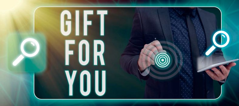 Handwriting text Gift For You. Business overview To receive a present surprise special occasion appreciation Man With Futuristic Frame Presenting New Ideas For Global Communication.