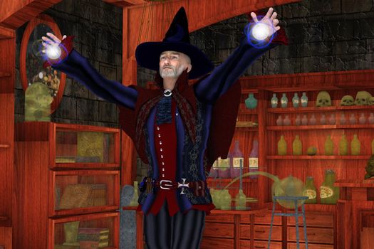 A colorful wizard manipulates two glowing orbs in casting a spell in his laboratory full of magic potions.