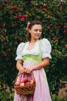 Beautiful woman picking up ripe red apple fruits in green garden. Girl in cute long peasant dress. Organic village lifestyle, agriculture, gardener occupation