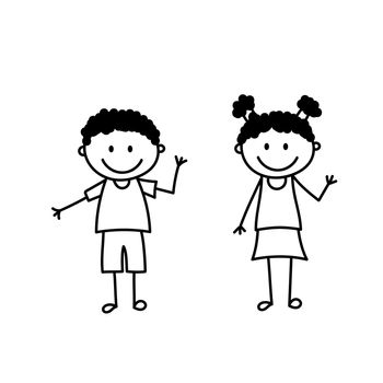 Set of doodle kids figures. Cute stick boy and girl waving hand. Vector illustration isolated on white