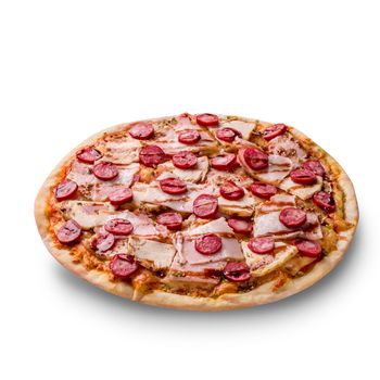 Ham and sausage pizza on white background. Copy space. Recipe and menu. Top view.
