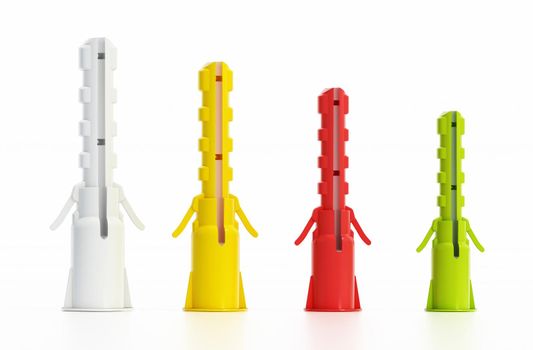 Plastic dowels in various size and colors. 3D illustration
