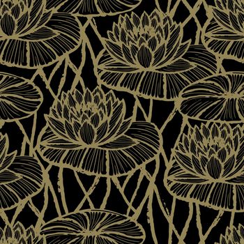 Vector seamless pattern with leaves and flowers of a water lily on a pond Retro design in two colors